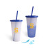 A drink cup set featuring a colour changing design, with a blue lid and straw, and branding.