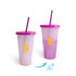 A plastic colour-changing cup with a purple lid and straw, showcasing a gradient effect from white to purple.