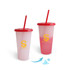 A drink cup with a red lid and straw, featuring a gradient colour change from clear to pink, and a logo.