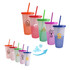 A collection of plastic colour changing cups with straws, featuring various pastel colours and logos.