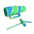 A drink bottle in vibrant green and blue silicone, featuring a handle and a straw. The design is eye-catching and modern.