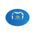 A blue oval-shaped promotional product with a cut-out design resembling a moustache and a logo.