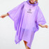 A lavender reusable PEVA rain poncho with a hood and a logo, featuring a loose-fitting design.