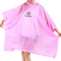 A pink reusable PEVA rain poncho with a hood and a logo on the front, designed for adults.