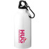 A drink bottle in white with a carabiner, featuring a pink logo and text design.