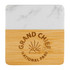 A marble and bamboo coaster featuring a logo and a smooth white marble top with a natural bamboo base.