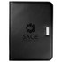 A black leather portfolio featuring a logo on the front and a metal clasp. Ideal for office and business use.