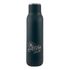 A drink bottle in matte black with a metal loop, featuring a logo and designed for 600ml capacity.