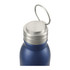 A drink bottle in a matte navy blue finish with a silver cap and a metal ring for attachment.