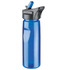 A drink bottle in blue with a grey lid and a straw, featuring a logo on the side. It holds 600ml.
