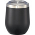 A drink bottle in matte black with a transparent lid and a stainless steel band, featuring a logo.