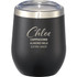 A drink bottle in matte black with a stainless steel rim and a clear lid, featuring a logo.