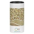 A drink bottle featuring a patterned design in earthy tones and a black lid, with a logo at the bottom.
