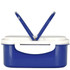 A blue lunch box made from plastic and wheat straw, featuring a white lid and handle, with two open lids.