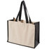 A functional tote bag with a natural and black colour scheme, featuring sturdy handles and a branded logo.