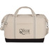 A cotton canvas duffel bag in cream with black accents, featuring handles and a detachable shoulder strap.