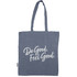 A blue recycled cotton twill tote bag with a white logo and text design.