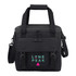 A black cooler bag with shoulder strap and handles, featuring a logo on the front. Suitable for carrying up to 24 cans.