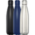A drink bottle set featuring three colours: black, navy blue, and stainless steel, with a logo on each.