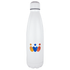 A drink bottle in white with a round top and a logo in blue, orange, and red. Features a vacuum insulated design.