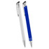 A pair of ballpoint pens with a white pen and a blue pen, both featuring silver accents and a branding logo.