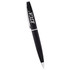 A black metal twist action pen with a silver clip and branding on the barrel.