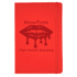 A red journal with a glossy finish and a logo on the front, featuring a design of lips and dripping effect.
