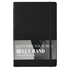 A black notebook with a belly band and an elastic closure, featuring a logo. Suitable for office and business use.