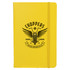 A yellow journal with a motorcycle graphic and an emblem featuring wings and text on the cover.