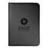 A black imitation leather compendium featuring a logo on the front, ideal for office use.