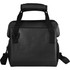 A black lunch cooler with a sturdy handle, featuring a sleek design and shoulder strap. It has a logo on the side.