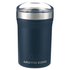 A drink bottle in navy blue with a stainless steel band and a clear lid. It features a logo on the front.