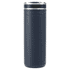 A drink bottle in navy blue, featuring a sleek design and a silver band, with a removable straw top.