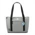 A grey expandable cooler bag with black straps, featuring a front pocket and a logo tag.