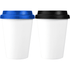 Two insulated tumblers, one with a blue lid and the other with a black lid, both featuring a white body and a logo.