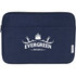 A navy laptop sleeve with a front logo and a zipper closure, designed for 16-inch laptops.
