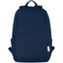 A navy blue recycled canvas laptop backpack with anti-theft features and a front pocket, showcasing a logo.