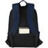 A navy blue laptop backpack featuring padded shoulder straps and a mesh back panel, with an inner pocket visible.