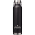 A drink bottle in matte black with a stainless steel screw-top lid and a logo on the front.