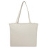 A light beige tote bag with two shoulder straps and a zip closure, featuring a logo.