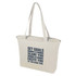A cream tote bag with a zip closure, featuring a simple logo and motivational text in dark blue.