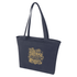 A navy tote bag with two sturdy handles and a decorative design on the front. It has a logo.