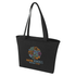 A black tote bag with colourful graphics and a logo, featuring two long handles for easy carrying.