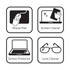 Four icons showcasing a mouse mat, screen cleaner, screen protector, and lens cleaner in black and white design.