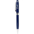 A blue pen with a silver clip and detailing, featuring a logo on the barrel.