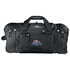 A black wheeled duffel bag with multiple compartments and a logo on the front.