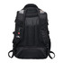 A black computer backpack with padded straps and mesh detailing, featuring multiple compartments and a logo.