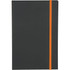 A black journal with an orange elastic band, featuring a logo on the cover.