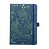 A navy blue journal with intricate green patterns featuring animals and plants, secured with a matching elastic band.