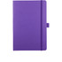 A purple journal notebook featuring a cover with an elastic band and a branding logo.